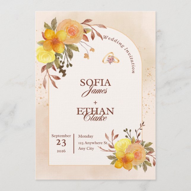 Warm Yellow & Peach Floral Wedding Invitation  Einladung (Vorderseite)