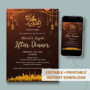 Warme Amber- und Goldmoschee-Silhouette Iftar Einladung
