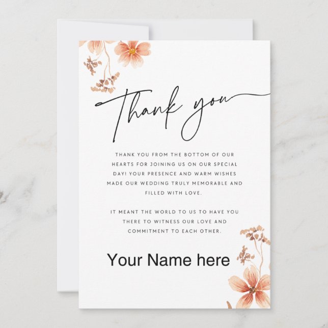 Warme Aquarellfarben Blume Kalligrafie Hochzeit Dankeskarte (Vorderseite)
