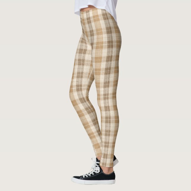 Warme beige karierte Leinenstruktur mit Webmuster Leggings (Links)