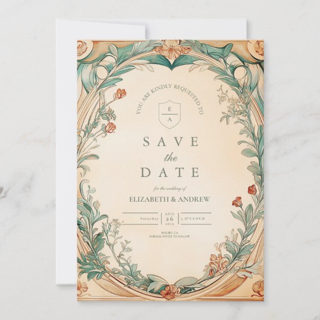 Warme botanische Rahmen Hochzeit Save The Date (Vorderseite)