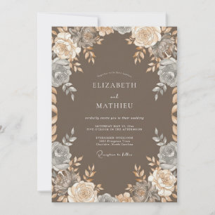Warme Champagner-Taupe-Blüten-Hochzeit Einladung