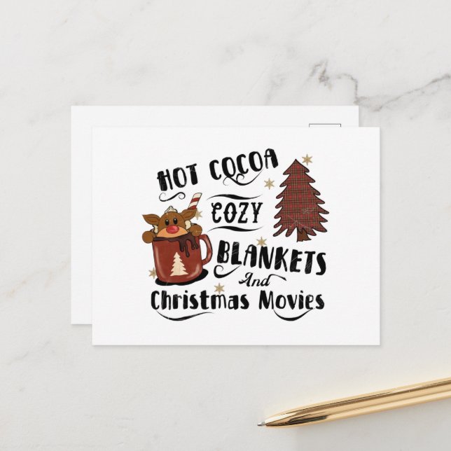 Warme Cocoa gemütliche Decken und Weihnachtsmotive Postkarte (Vorderseite/Rückseite Beispiel)