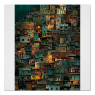 Warme Favela-Hügelseite bei Dämmerung Gemütliche u Poster
