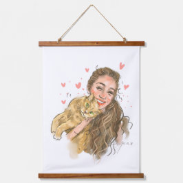 Warme Girl & Cat Illustration Wood - Topped Wall T Wandteppich Mit Holzrahmen