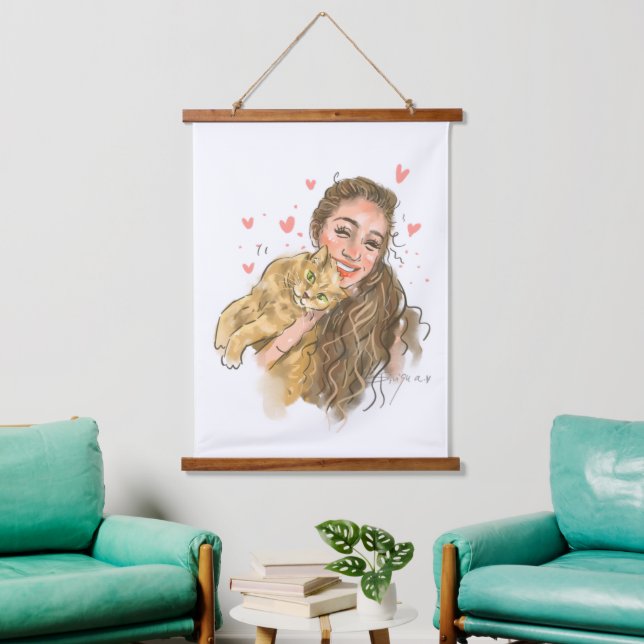 Warme Girl & Cat Illustration Wood - Topped Wall T Wandteppich Mit Holzrahmen (Wohnzimmer)