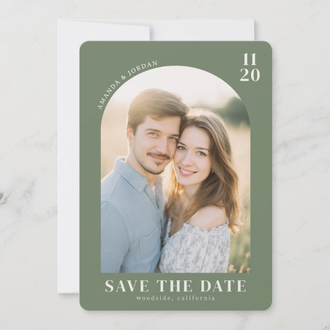 Warme grüne zeitgenössische Fotografie Save The Date (Vorderseite)