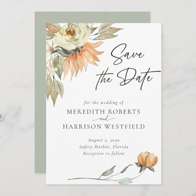 Warme Herbstsonnenblumen - Burnt Sienna Hochzeit Save The Date (Vorne/Hinten)