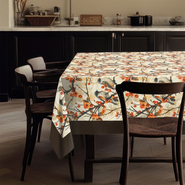 Warme Herbsttablette mit Vögeln Rustikale Blume Tischdecke (Warm Autumn Tablecloth with Birds Rustic Flowers)