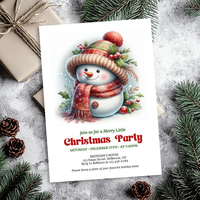 Warme lustige Schneemann-Einladung druckbar rot gr Einladung (Warm funny snowman invitation printable red green artwork

)