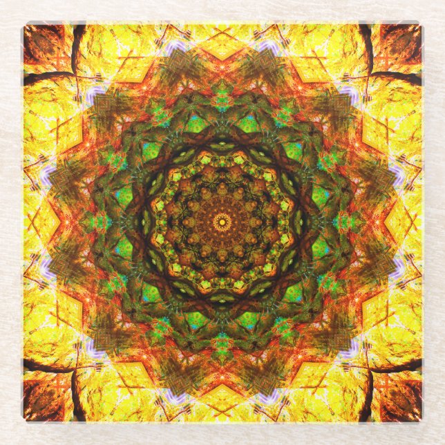 Warme Mandala Kunst mit grünen Formen Glasuntersetzer (Vorderseite)