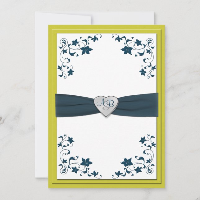 Warme Olive Green und Blue Mit Monogramm Einladung (Vorderseite)