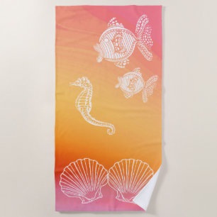 Warme Orange & Pink Wasserfarbe und Meeresleben Strandtuch