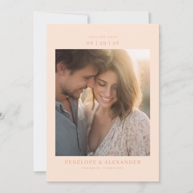 Warme Pfirsich-Minimalist-Foto Save The Date (Vorderseite)