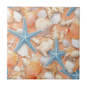 Warme Pfirsich Strand Muscheln Seestern Sommer Fliese