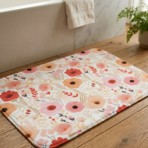Warme Pfirsich- und Korallen-Mohn-Blumenmuster Badematte
