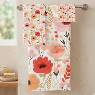 Warme Pfirsich- und Korallen-Mohn-Blumenmuster Badhandtuch Set