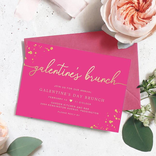 Warme Rosa Gold Galentine's Day Einladung (Galentines Brunch Invitation Hot Pink Paintly Gold )