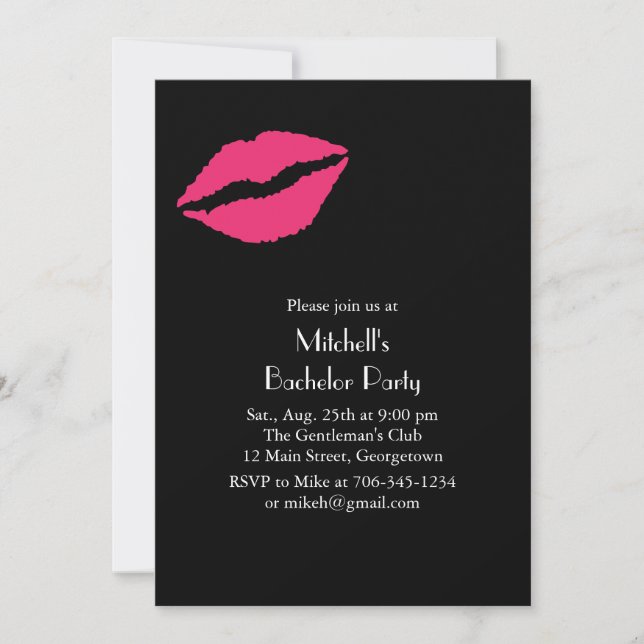 Warme rosa Lippen Bachelor Party Einladung (schwar (Vorderseite)