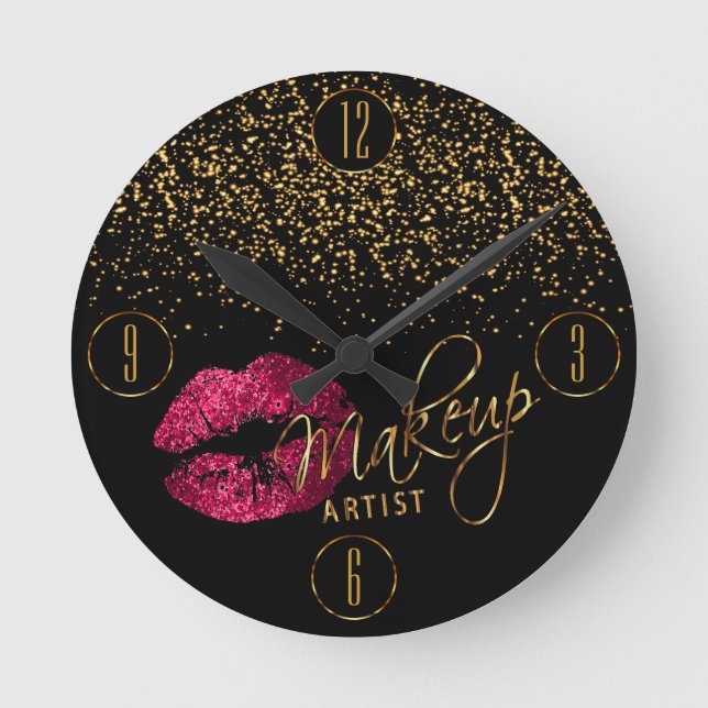 Warme Rosa Lippen und goldene Fette Runde Wanduhr (Vorderseite)