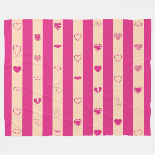 Warme rosa Streifen Modernes Herzmuster Fleecedecke (Vorderseite (Horizontal))