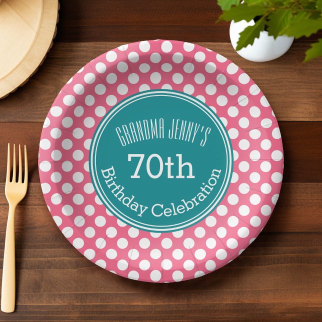 Warme rosa und Aquamarine Polka-Punkte mit benutze Pappteller (Custom Paper Plate)