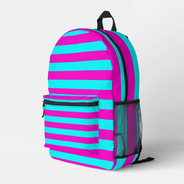 Warme rosa und blaue türkisfarbene Streifen Bedruckter Rucksack (Rückseitige Ecke Rechts)