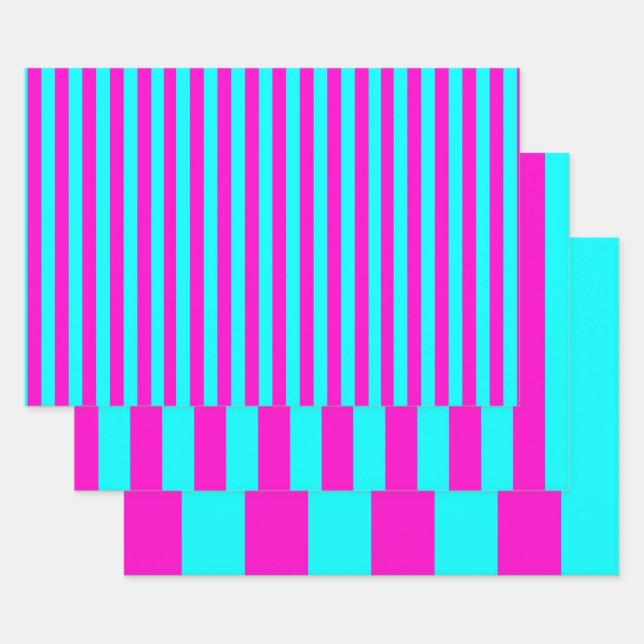 Warme rosa und blaue türkisfarbene Streifen Geschenkpapier Set (Set)