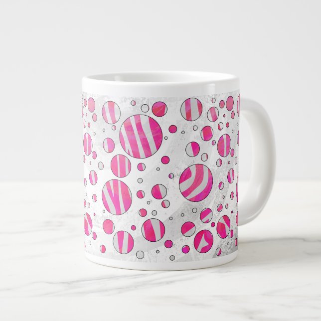 Warme rosa und weiße Zebra-Polka-Punkte Jumbo-Tasse (Vorderseite Rechts)