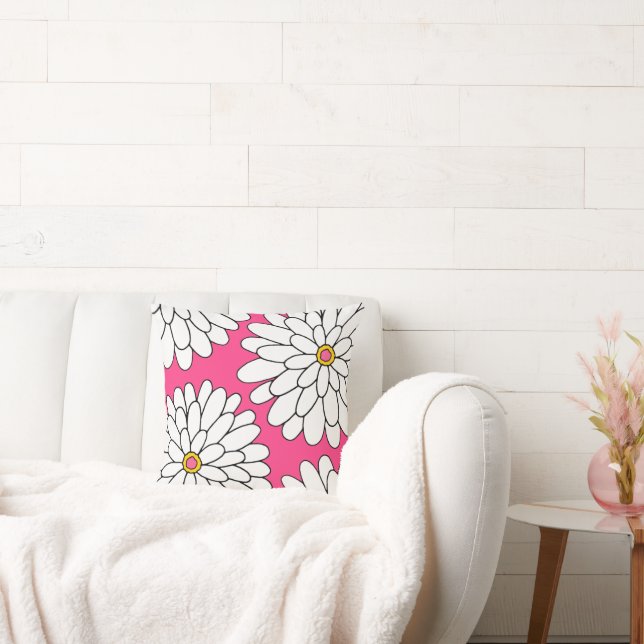 Warme rosa Vierhandgezeichnete Zinnias Kissen (Liege)