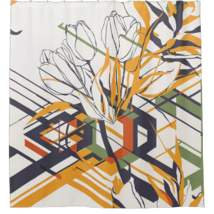 Warme Senf geometrische Blüten mit Tulpendetails Duschvorhang