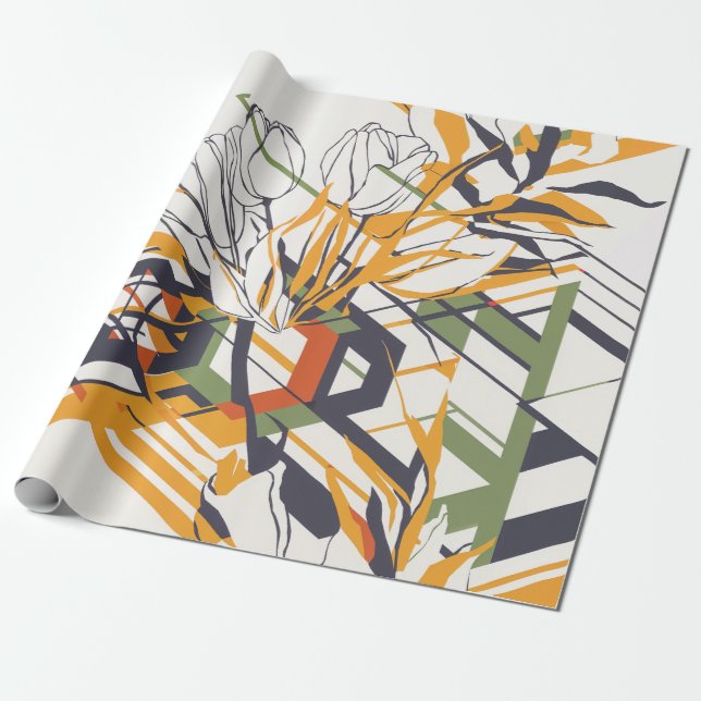 Warme Senf Geometrische Florale mit Tulpendetails Geschenkpapier (Ungerollt)