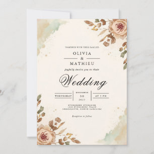 Warme Sepia floral Accent Wedding Einladung