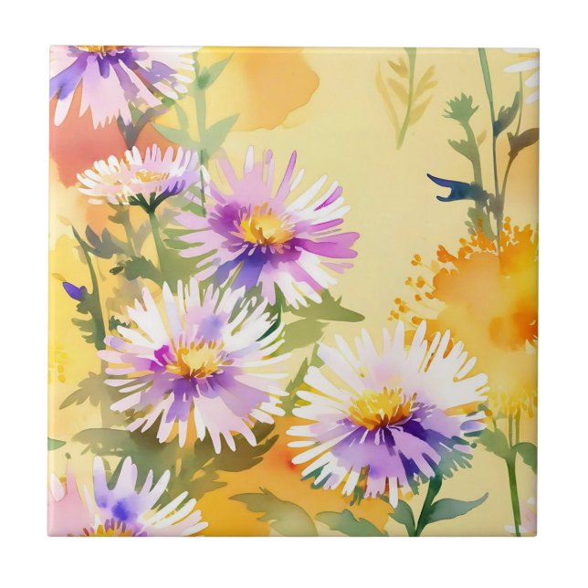 Warme Sonnenlicht Aster-Blume auf hellgelb Fliese (Vorderseite)