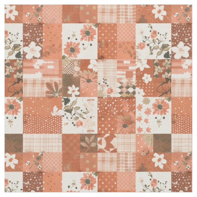 Warme Terrakotta-Patchwork-Herbst-Quilt Stoff (Nahaufnahme)