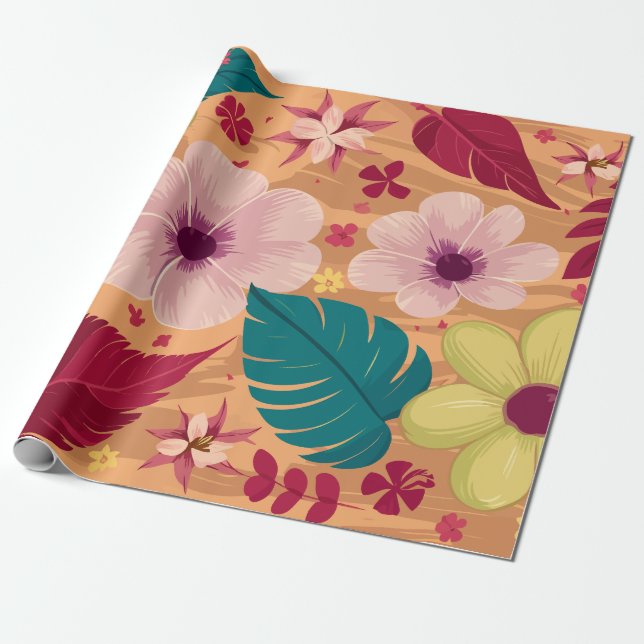 Warme Tropenflora mit roten und grünen Blätter Geschenkpapier (Ungerollt)