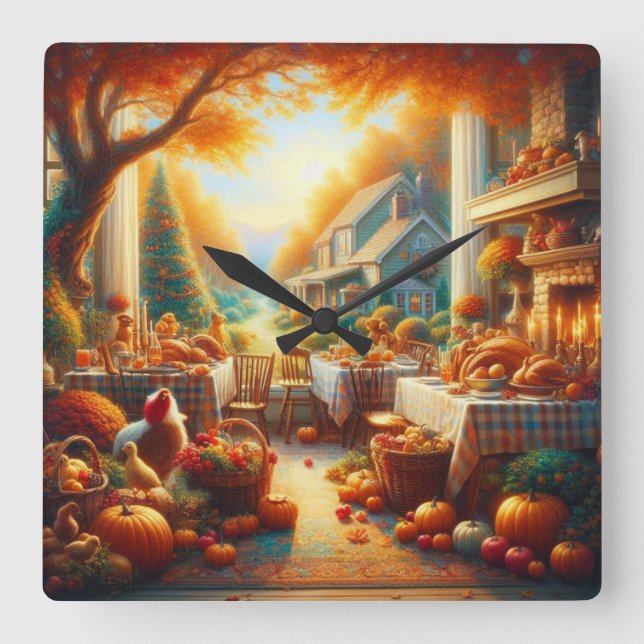 Warme und gemütliche Erntedank-Ansammlung Quadratische Wanduhr (Vorderseite)