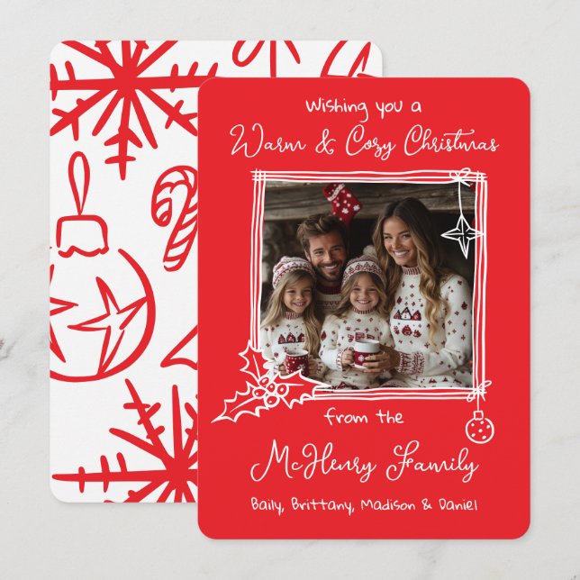 Warme und gemütliche handgezogene Doodle Foto Weih Einladung (Vorne/Hinten)