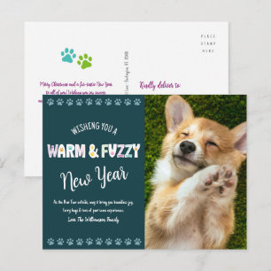 Warme und kuschelige Tier-Neujahrs-Foto-Typografie Feiertagspostkarte