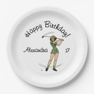 Warme up Lady Golfer Happy Geburtstagsnamenalter Pappteller