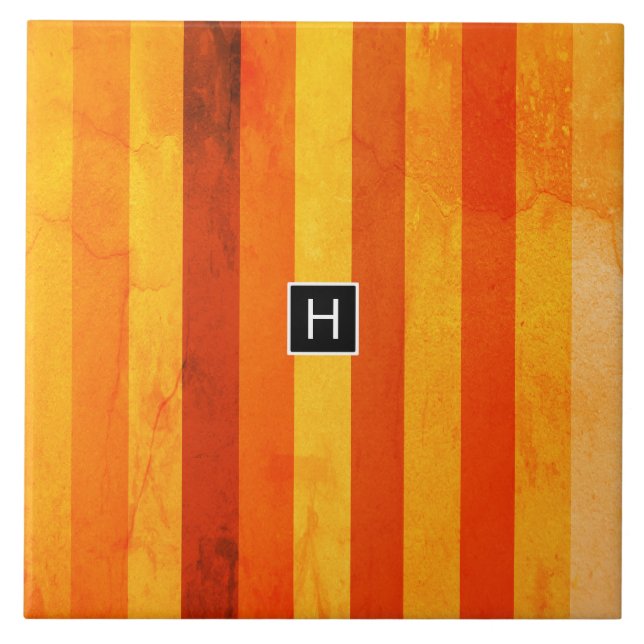 Warme verwitterte orange rote Streifen Monogramm Fliese (Vorderseite)