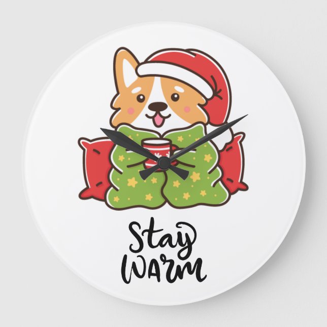 Warme Weihnachten Corgi Weihnachtsmannmütze Holida Große Wanduhr (Vorderseite)