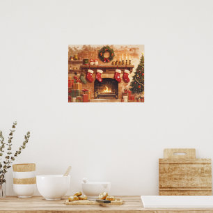 Warme Weihnachts-Kaminszene Poster