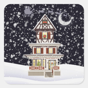 Warme Weihnachts-Zuhause in Silent Snowfall Quadratischer Aufkleber