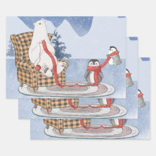 Warme Winterwünsche Eisbär strickt roten Schal Geschenkpapier Set