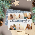 Warme Winterwünsche | FotoCollage Feiertagskarte<br><div class="desc">Unser festliches und elegantes Design ist der perfekte Weg,  um sechs Ihrer beliebten Fotos zu präsentieren. Das Design zeigt "Warm Winter Wünsche" in handgeschriebener marineblauer Typografie auf weißem Hintergrund. Personalisieren Sie mit Ihren Namen und das Jahr für einen stilvollen Weihnachtsgrüßen.</div>