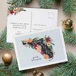 Warme Wünsche aus Florida Feiertagspostkarte<br><div class="desc">Mit diesen hübschen Postkarten, die eine Silhouette des Staat von Florida mit Orangen, üppiger Vegetation und tropischen Blume auf einem pastellblauen Hintergrund mit weißem Rand darstellen, können Sie sich vom sonnigen Staat aus willkommen heißen. "Warme Wünsche" erscheint in weißer handgeschriebener Typografie in der Form des Staat, zusammen mit Ihrem Familiennamen...</div>