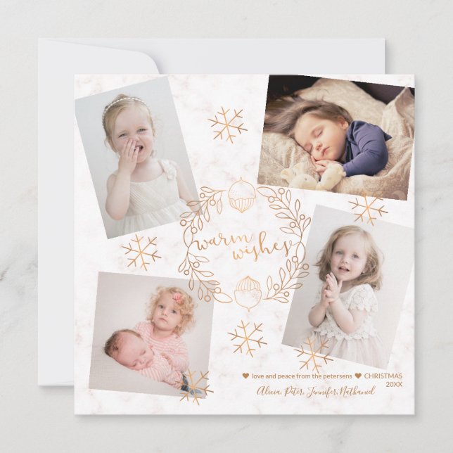 Warme Wünsche Gold Snowflakes Blush Marmor 4 Fotos Einladung (Vorderseite)