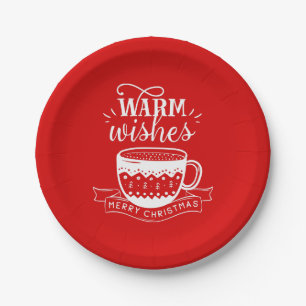 Warme Wünsche Heißer Tasse Kaffee Kakao Rot Weiß   Pappteller