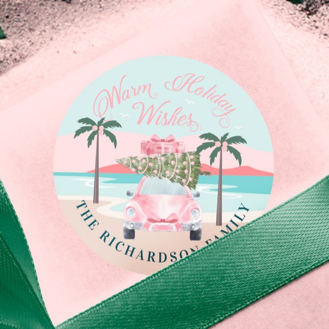Warme Wünsche tropische Palmen und rosa Retro Auto Runder Aufkleber (Warm Wishes Tropical Palm Trees & Pink Retro Car Classic Round Sticker)